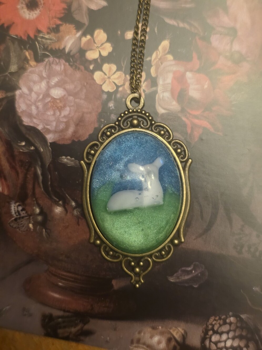 Original White Deer Pendant Set In Grren / Blue Background W Bronze Tone Chain